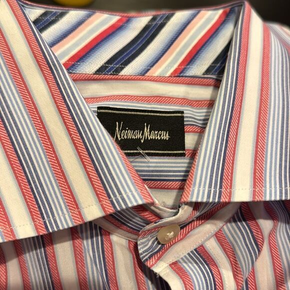 Neiman Marcus red/shades of blue stripe button down shirt. Large. - Picture 6 of 8